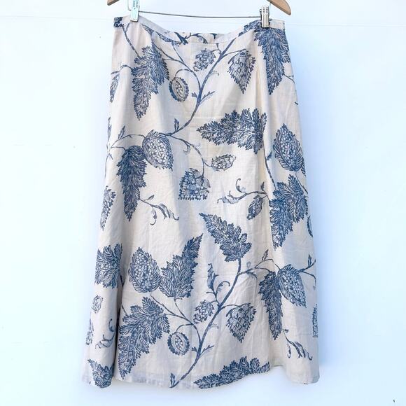 Vintage Ralph Lauren 90s Linen Button Front Midi Skirt Blue Floral 14 French - Picture 4 of 8